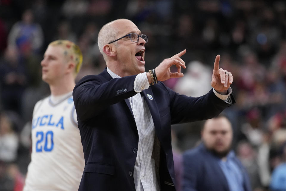 UConn head coach Dan Hurley celebrates after the 88-65 win against Arkansas of a Sweet 16 college basketball game in the West Regional of the NCAA Tournament, Thursday, March 23, 2023, in Las Vegas. (AP Photo/John Locher)