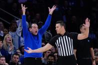 Duke head coach Mike Krzyzewski reacts to a call during the first half of an NCAA college basketball game against Kentucky Tuesday, Nov. 9, 2021, in New York. (AP Photo/Frank Franklin II)