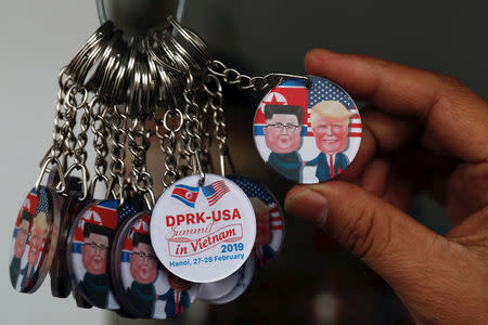 Key rings depicting North Korea’s leader Kim Jong Un and U.S. President Donald Trump are seen for sale ahead of their summit in Hanoi, Vietnam, February 24, 2019. REUTERS/Jorge Silva