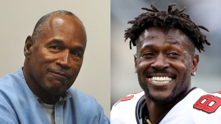 Infamous former NFL star O.J. Simpson (left) had a whole lot to say about the on-the-field antics of Antonio Brown (right) this weekend. (Photos: Jason Bean-Pool/Getty Images and Elsa/Getty Images)