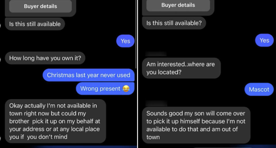 Two direct message chats can be seen showcasing the Facebook scam, with buyers in both incidences sharing they are 'out of town' or claiming they are not available for collection. 
