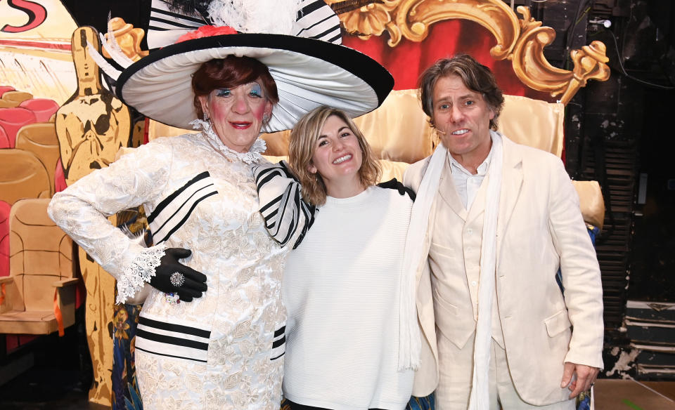 LONDON, ENGLAND - DECEMBER 21: (L-R) Sir Ian McKellen, Jodie Whittaker and John Bishop pose after the matinee performance of 