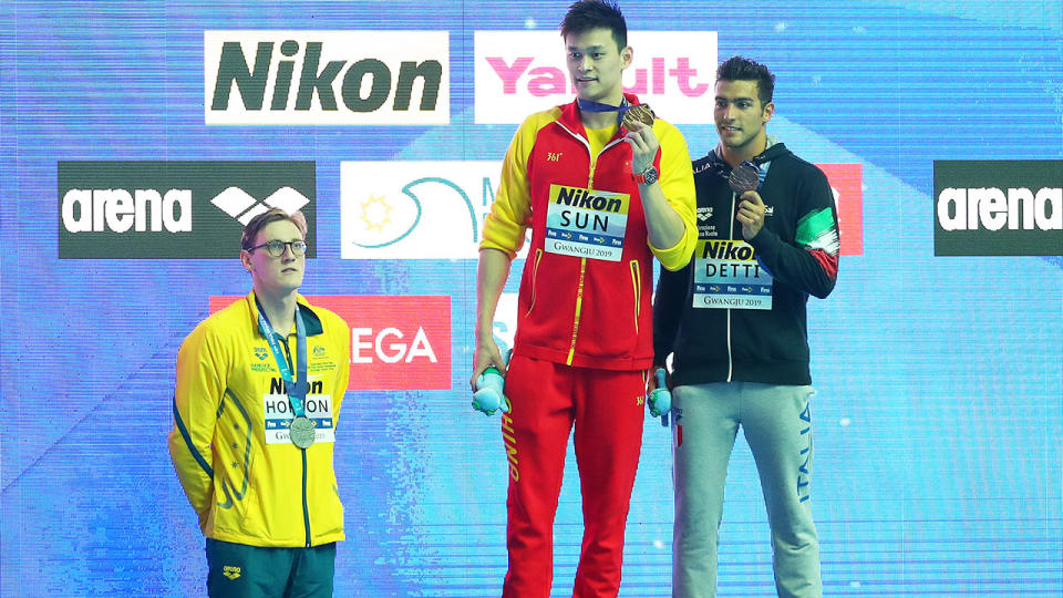 Mack Horton refused to take the podium or shake hands with Sun Yang after the 400m final. (Photo by Maddie Meyer/Getty Images)