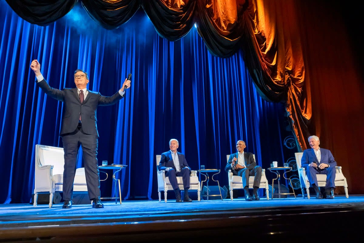 Stephen Colbert moderated the fundraiser featuring a rare appearance by a serving president and two of his fellow Democratic predecessors (AP)