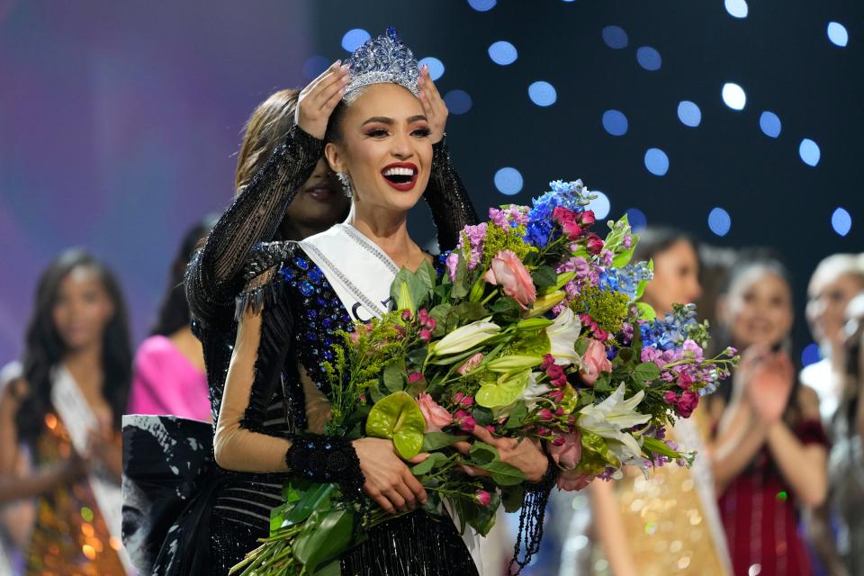 Miss USA R'Bonney Gabriel reacts as she is crowned Miss Universe during the final round of the 71st Miss Universe Beauty Pageant, in New Orleans on Jan. 14, 2023.