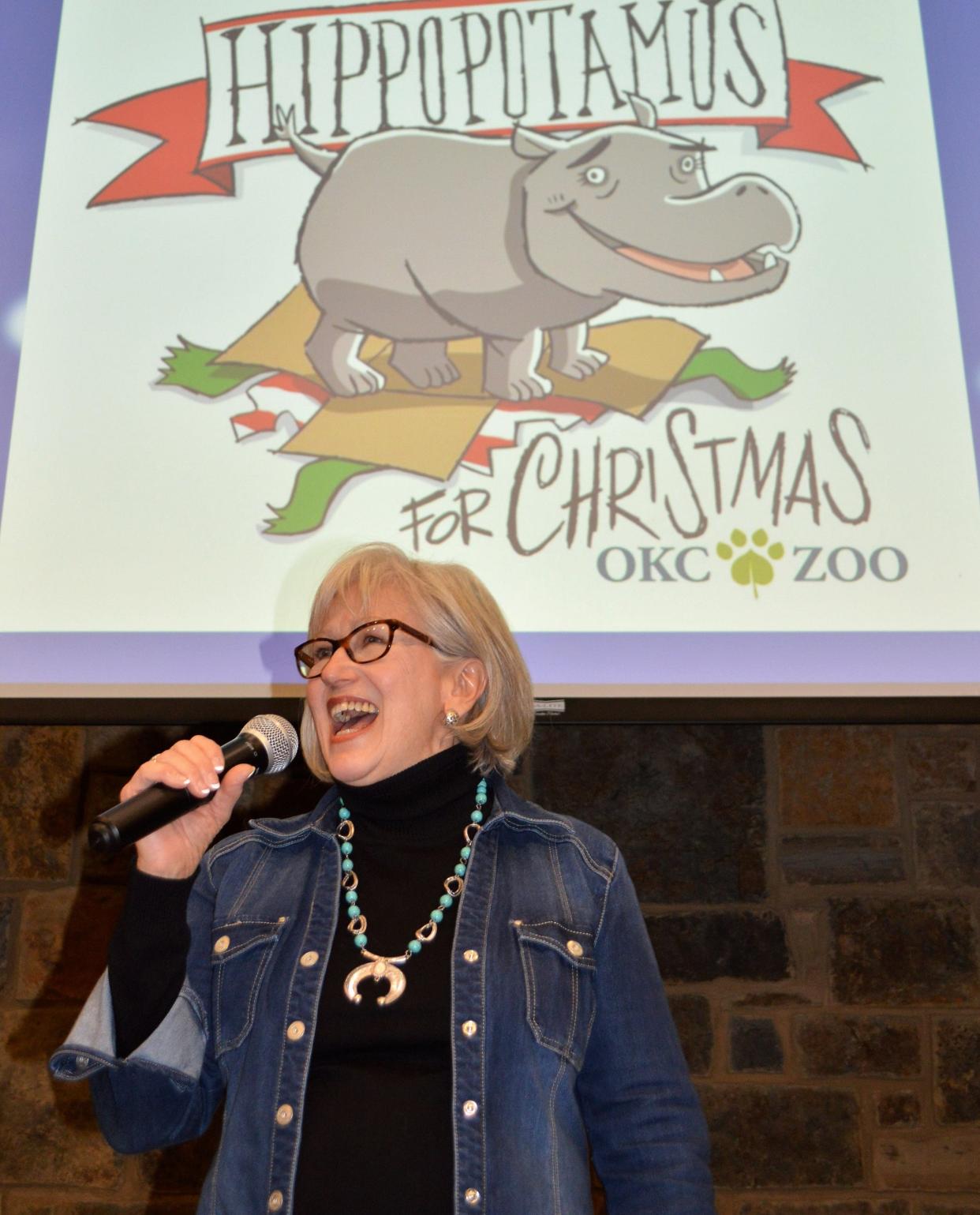 “I Want a Hippopotamus for Christmas” singer Gayla Peevey performs her iconic holiday hit at a 2017 sing-along event at the Oklahoma City Zoo.