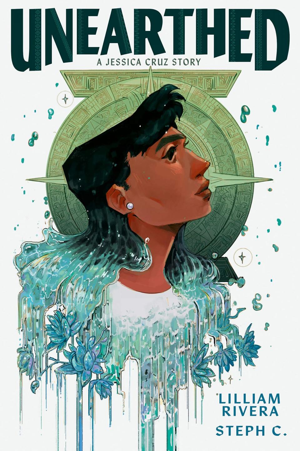 The cover for Unearthed: A Jessica Cruz Story which shows Jessica Cruz's head and hair which is turning into water and flowers