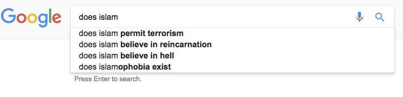 Google's&nbsp;autofill suggestions for the query&nbsp;"does Islam." (Photo: Google)