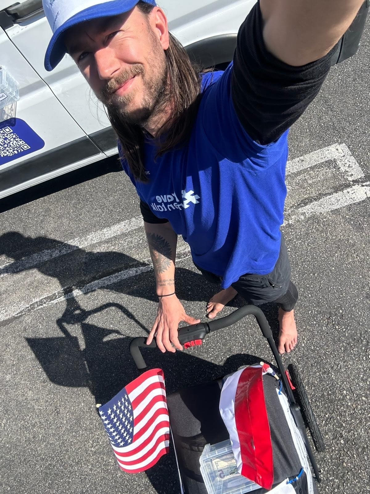 The self-coined Dutch Forrest Gump, Nootenboom is walking across the country barefoot while pushing a trolley cart he's nicknamed Bubba, a nod to a character in the 1994 Tom Hanks film.