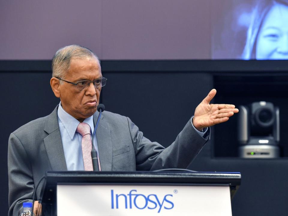Narayana Murthy, co-founder of Indian technology company Infosys, gestures as he speaks for a panel discussion held at the company headquarters at the Electronic City in Bangalore on 7 February 2019 (AFP via Getty)