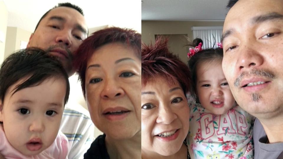 Chloe, her grandfather Sam Wong and step-grandmother Winnie Wong pose for photos.