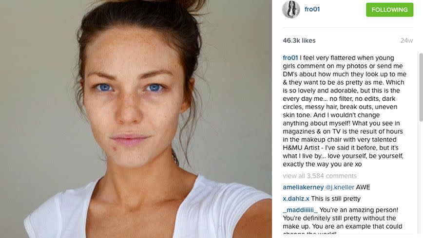 Sam posted this make-up free selfie last year which was met with mass applause from young fans. Source: Instagram