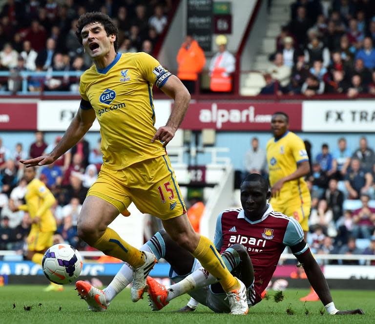 Crystal Palace midfielder Mile Jedinak (L) pictured during a Premier League match in east London on April 19, 2014