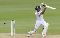 Pakistan's Babar Azam bats during the second day of the second cricket Test match between England and Pakistan, at the Ageas Bowl in Southampton, England, Friday, Aug. 14, 2020. (Stu Forster/Pool via AP)