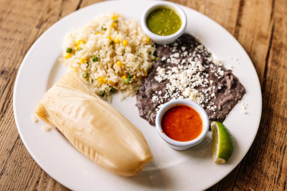 A platter with a homemade tamal will be part of the menu at the coming soon Roja & Verde taqueria at 60 N. College Ave. in downtown Newark, near the University of Delaware campus. 8/25/2023