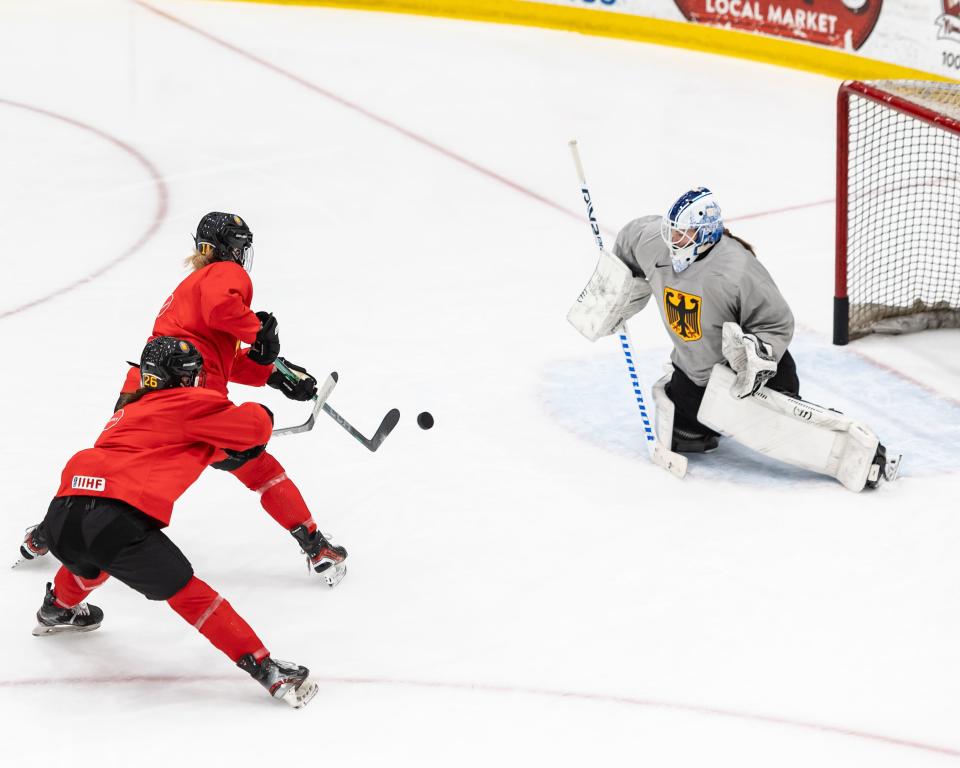 Team Germany takes to the ice for practice ahead of the 2024 IIHF Women's World Championship at the Nexus Center in Utica, NY on Friday, March 29, 2024.