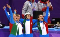 Short Track Speed Skating Events - Pyeongchang 2018 Winter Olympics - Women's 3000 m Final - Gangneung Ice Arena - Gangneung, South Korea - February 20, 2018. Arianna Fontana, Lucia Peretti, Cecilia Maffei and Martina Valcepina of Italy celebrate. REUTERS/Phil Noble