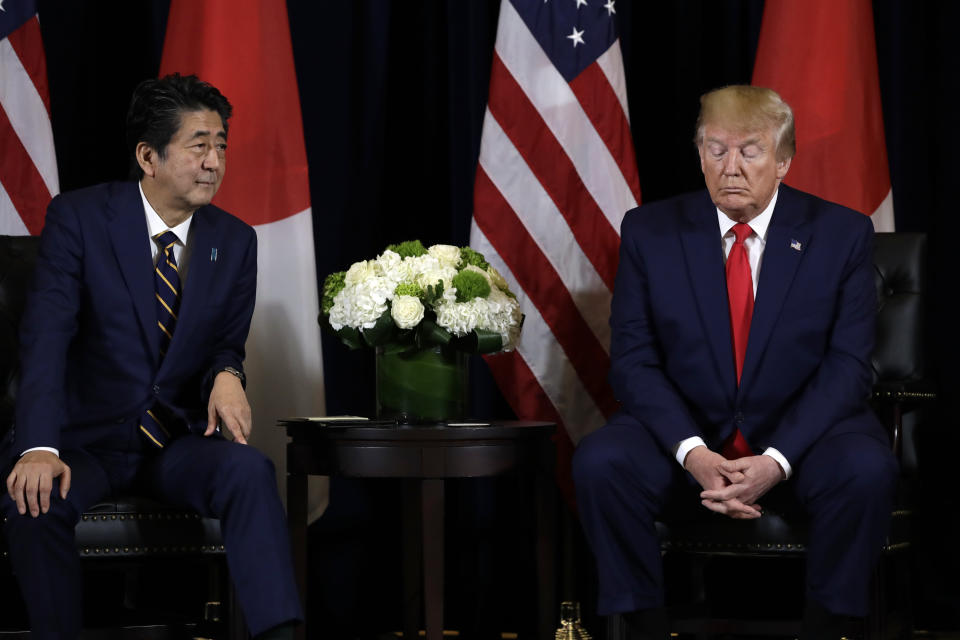 President Donald Trump meets with Japanese Prime Minister Shinzo Abe at the InterContinental Barclay New York hotel during the United Nations General Assembly, Wednesday, Sept. 25, 2019, in New York. (AP Photo/Evan Vucci)