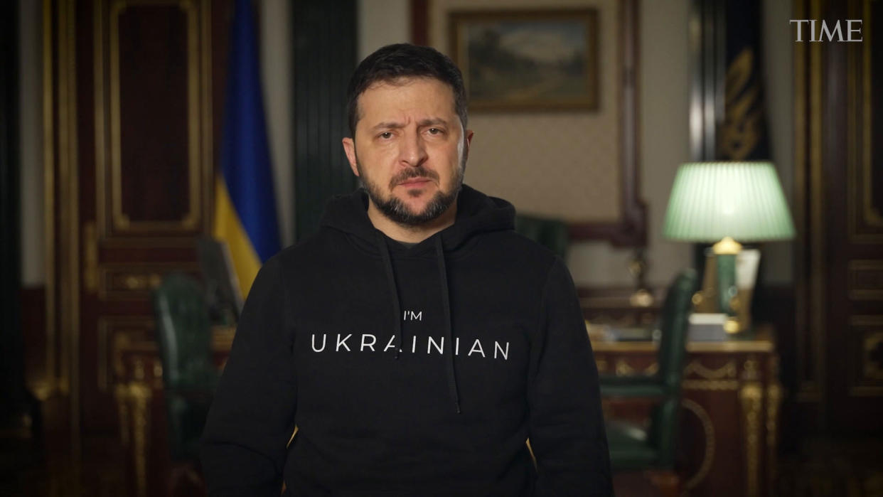 Screenshot from a video address from Volodymyr Zelensky at the TIME 2022 Person of the Year reception