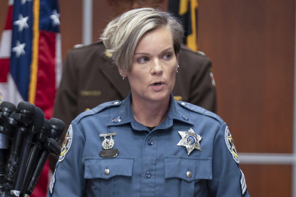 Washington County Sheriff Department public information officer Sgt. Carly Hose speaks to the media in Hagerstown, Md., about the killing of Maryland circuit court Judge Andrew Wilkinson, Friday, Oct. 20. 2023. (AP Photo/Jon Elswick)