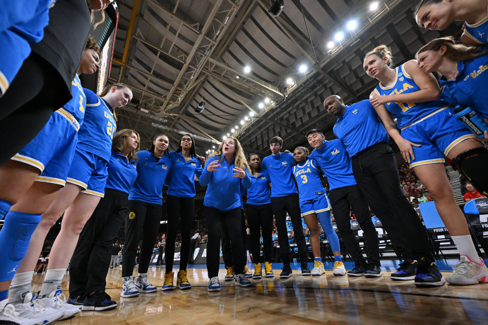 UCLA head coach Cori Close talks to the team before the Sweet 16 round of the 2023 NCAA women's basketball tournament on March 25, 2023, in Greenville, South Carolina. (Photo by Grant Halverson/NCAA Photos via Getty Images)