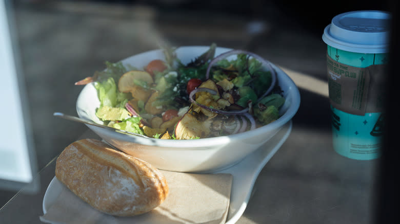 Salad, bread, and coffee from Panera 