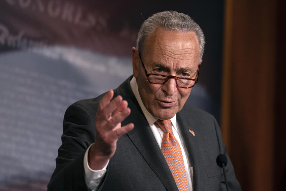 Senate Minority Leader Sen. Chuck Schumer of N.Y., speaks during a news conference on Capitol Hill in Washington, Tuesday, July 21, 2020. (AP Photo/Carolyn Kaster)