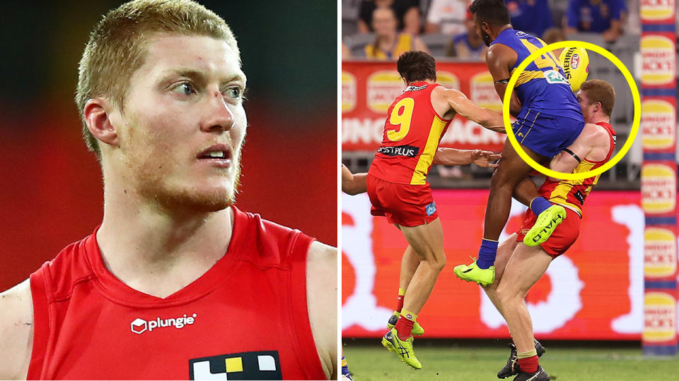 Gold Coast's Matt Rowell was fortunate to walk away from this high shot last weekend, with West Coast's Willie Rioli challenging the subsequent one match ban. Pictures: Getty Images