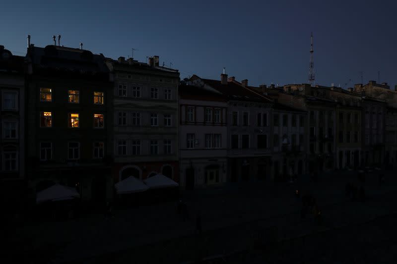 FILE PHOTO: View shows a city without electricity after Russian missile attack in Lviv