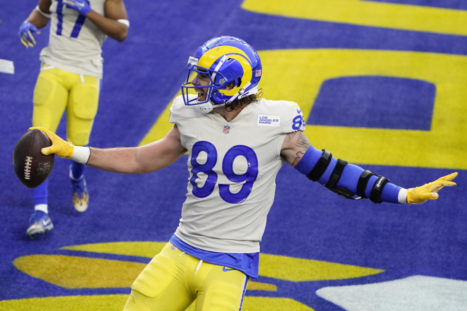 Los Angeles Rams tight end Tyler Higbee (89) celebrates after catching a touchdown during the second half of an NFL football game against the New York Jets Sunday, Dec. 20, 2020, in Inglewood, Calif. (AP Photo/Jae C. Hong)