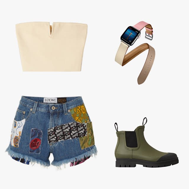 Babaton Lonell tube top, $48, aritzia.com; Loewe + Paula’s Ibiza patchwork printed voile and denim shorts, $690, net-a-porter.com; Apple Watch Hermès Series 4, price upon request, for information: apple.com; Everlane rain boots, $75, everlane.com