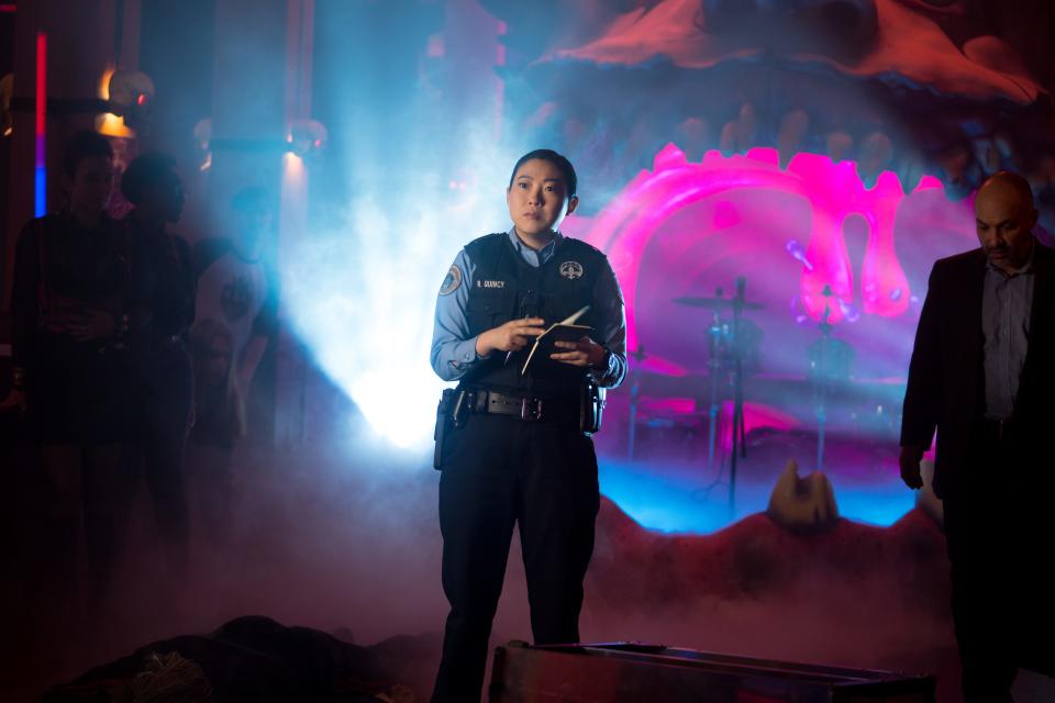 Rebecca (Awkwafina) is a cop out to avenge her dad who runs afoul of Dracula and befriends his servant in "Renfield."