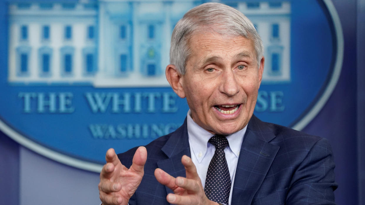Dr. Anthony Fauci speaks about the Omicron coronavirus variant during a press briefing at the White House.