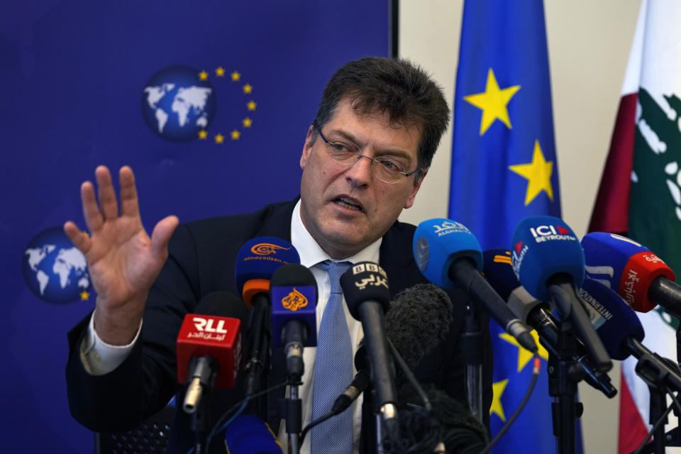 European Commissioner for Crisis Management Janez Lenarcic speaks during a press conference at the EU headquarters in Beirut, Lebanon, Friday, March 31, 2023. Lenarcic said Friday that the European Union will increase its humanitarian assistance to the crisis-struck country, but that more significant long-term aid is contingent on reforms and a deal with the International Monetary Fund. (AP Photo/Bilal Hussein)