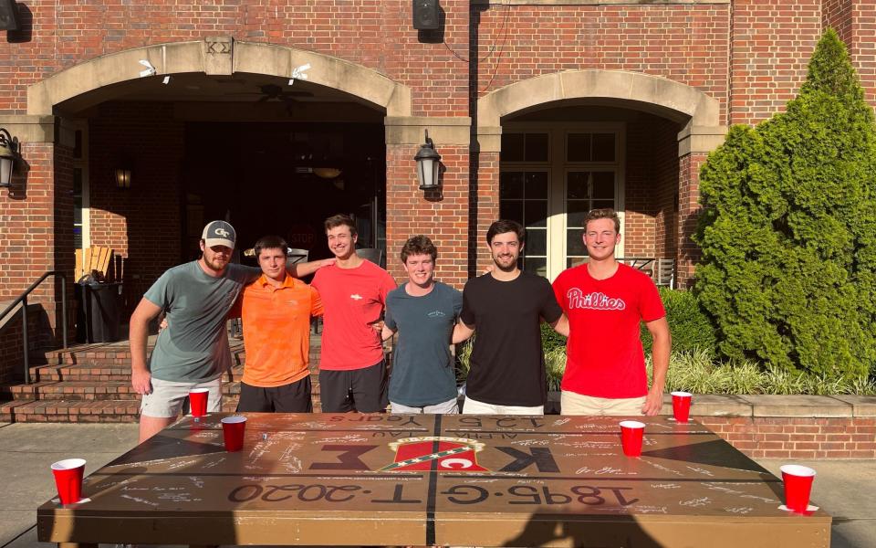 Members of the Kappa Sigma fraternity at their frat house, opposite the debate venue