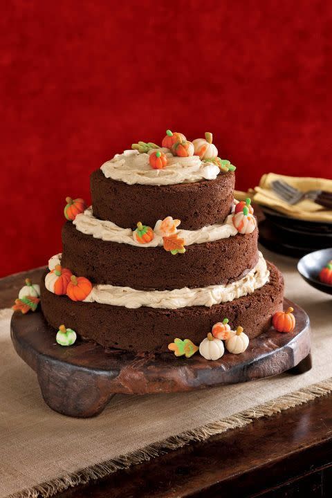 <p>One tier? No way. Try three layers of pumpkin spice cake held together by fluffy pumpkin cream cheese frosting too good to resist instead.</p><p><strong><a href="https://www.womansday.com/food-recipes/food-drinks/recipes/a13686/pumpkin-spice-cake-3559/" rel="nofollow noopener" target="_blank" data-ylk="slk:Get the recipe.;elm:context_link;itc:0;sec:content-canvas" class="link "><em>Get the recipe.</em></a></strong></p>