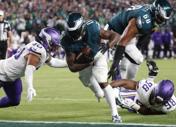 Running back D'Andre Swift and the Philadelphia Eagles will face the Kansas City Chiefs on Sunday in Kansas City, Mo. File Photo by John Angelillo/UPI