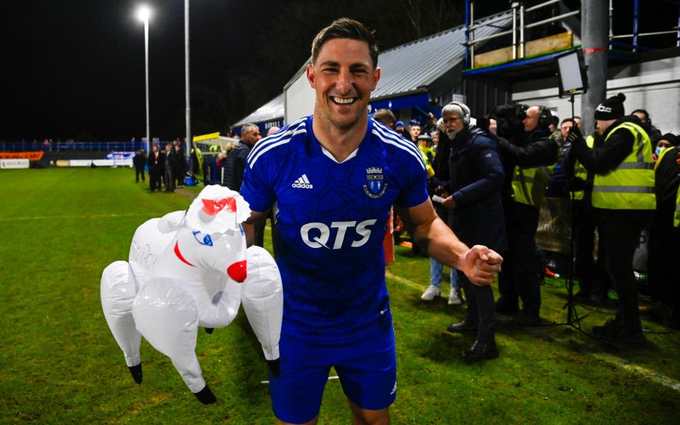 Goalscorer Jordan Kirkpatrick with an inflatable sheep during a Scottish Cup Fourth Round match between Darvel and Aberdeen at Recreation Park - Tiny Darvel remind us of the joy of the ultimate cup shock - Rob Casey/ SNS Group