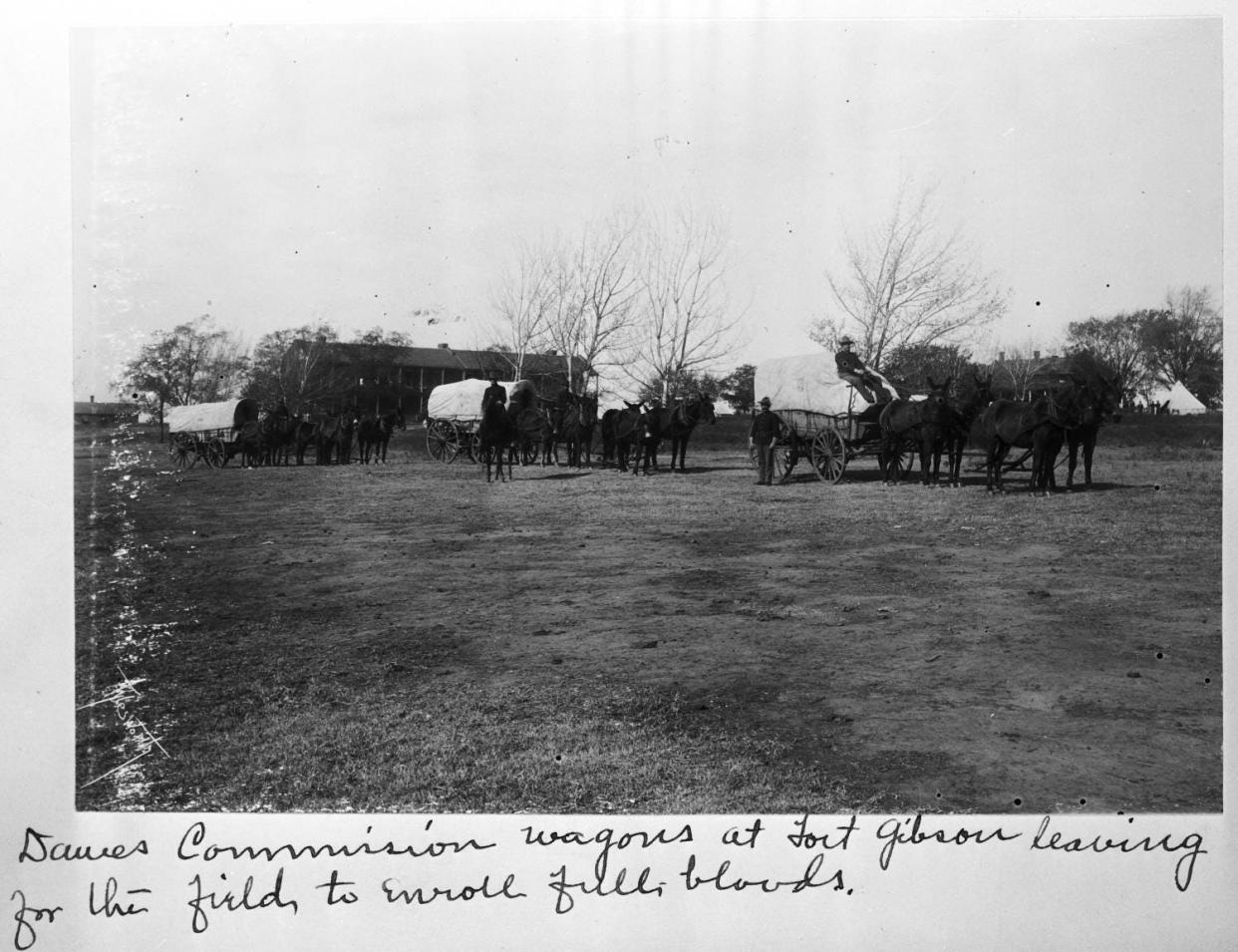 Dawes Commission wagons at Fort Gibson leaving for the field. Photo by Aylesworth, circa. 1898-1900. PROVIDED/OKLAHOMA HISTORICAL SOCIETY