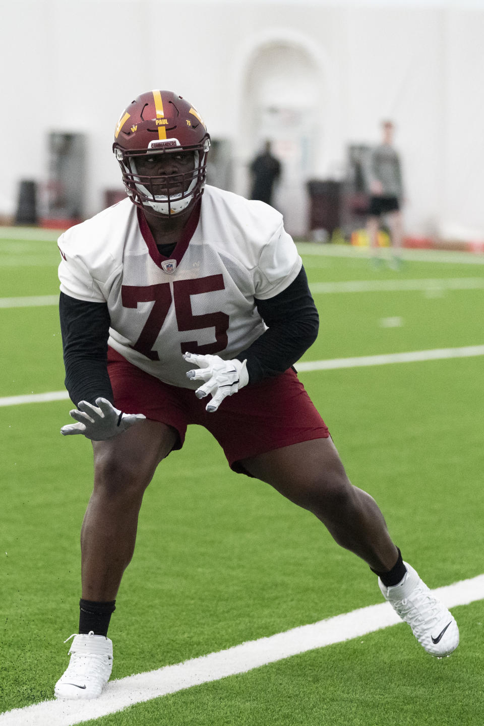 Washington Commanders guard Chris Paul works during a rookie minicamp practice at the team's NFL football training facility, Friday, May 6, 2022 in Ashburn, Va. (AP Photo/Alex Brandon)