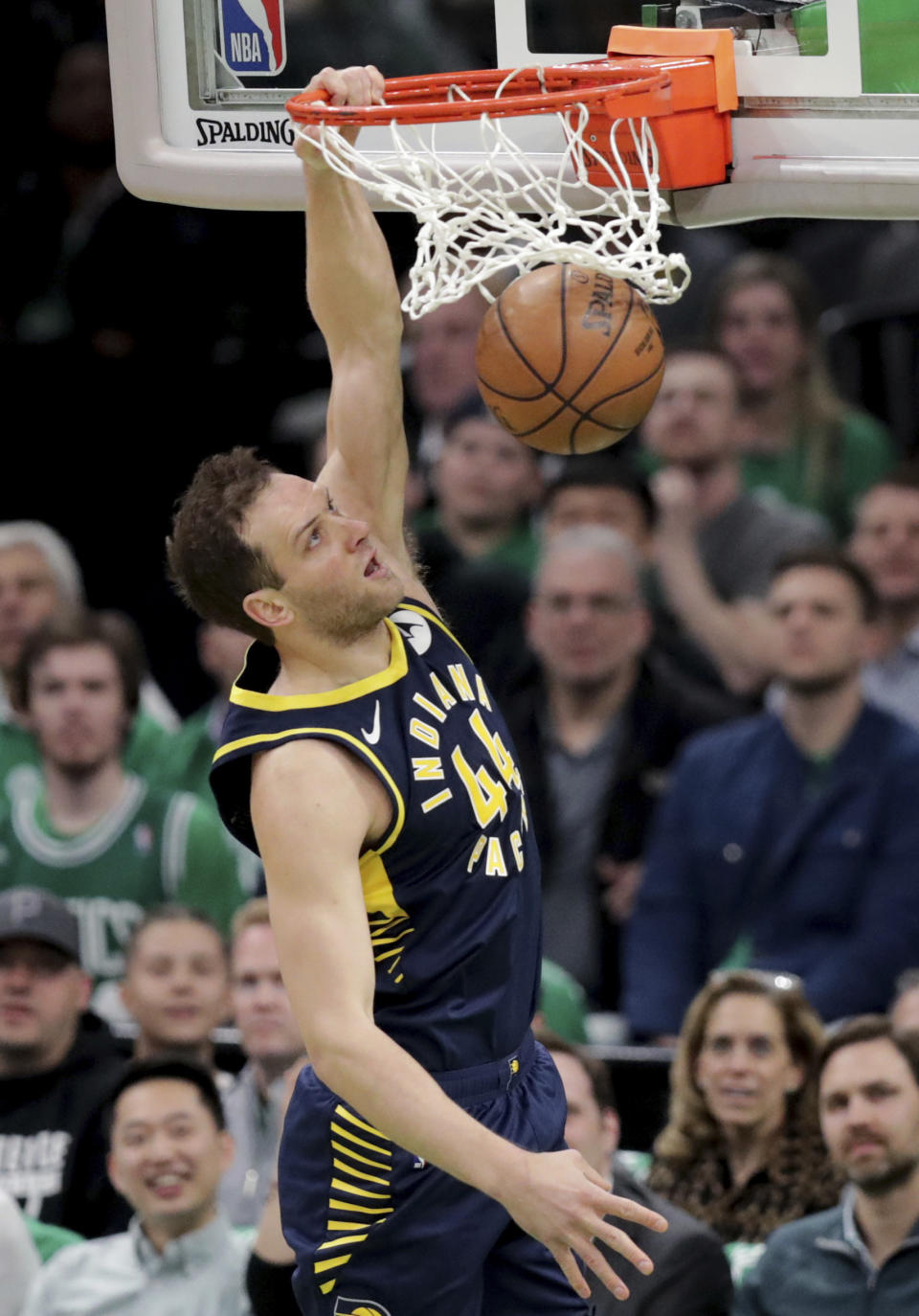 Indiana Pacers forward Bojan Bogdanovic (44) slams a dunk against the Boston Celtics during the first quarter of Game 2 of an NBA basketball first-round playoff series, Wednesday, April 17, 2019, in Boston. (AP Photo/Charles Krupa)