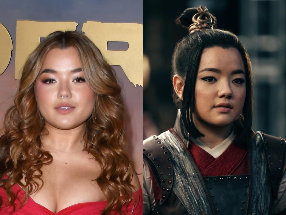 left: elizabeth yu at the avatar premiere, her hair light brown and curled, wearing a red dress; right: yu as azula, her hair worn in a top knot with two bang pieces in front and wearing red and grey armor