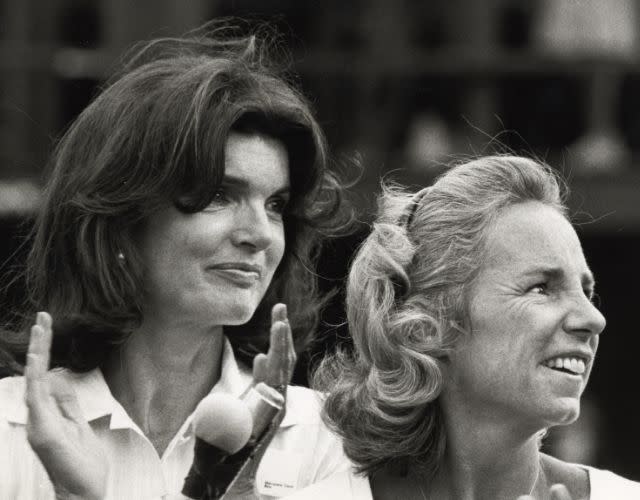 Jackie Kennedy Onassis and <span class="caas-xray-inline-tooltip"><span class="caas-xray-inline caas-xray-entity caas-xray-pill rapid-nonanchor-lt" data-entity-id="Ethel_Kennedy" data-ylk="cid:Ethel_Kennedy;pos:3;elmt:wiki;sec:pill-inline-entity;elm:pill-inline-text;itc:1;cat:Actor;" tabindex="0" aria-haspopup="dialog"><a href="https://search.yahoo.com/search?p=Ethel%20Kennedy" data-i13n="cid:Ethel_Kennedy;pos:3;elmt:wiki;sec:pill-inline-entity;elm:pill-inline-text;itc:1;cat:Actor;" tabindex="-1" data-ylk="slk:Ethel Kennedy;cid:Ethel_Kennedy;pos:3;elmt:wiki;sec:pill-inline-entity;elm:pill-inline-text;itc:1;cat:Actor;" class="link ">Ethel Kennedy</a></span></span> during RFK Pro Celebrity Tennis Tournament – August 23, 1975 at Forest Hills Stadium in New York City, New York, United States. (Photo by Ron Galella/Ron Galella Collection via Getty Images)