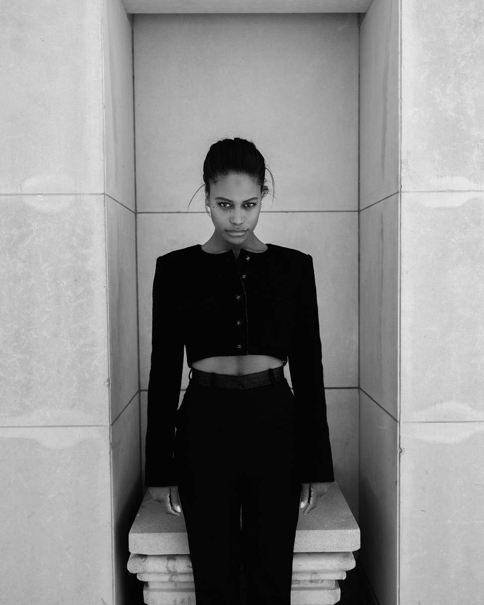 Taylour Paige in Chanel’s wool tweed jacket; Esaú Yori’s wool, cotton and polyamide pants. - Credit: Ryan Pfluger/WWD