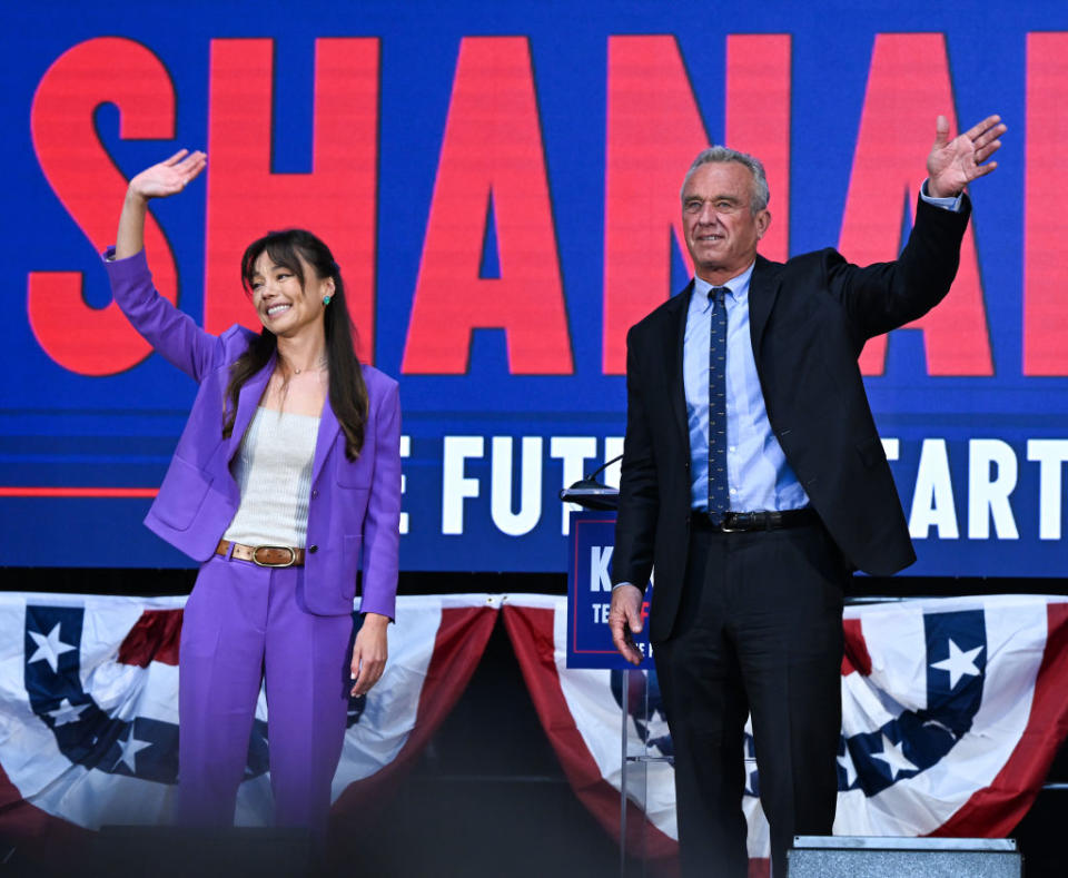 Independent presidential candidate Robert F. Kennedy Jr. tapped California attorney Nicole Shanahan (left) as his running mate during an event in Oakland, California, on March 26, 2024. (Photo by Tayfun Coskun/Anadolu via Getty Images)