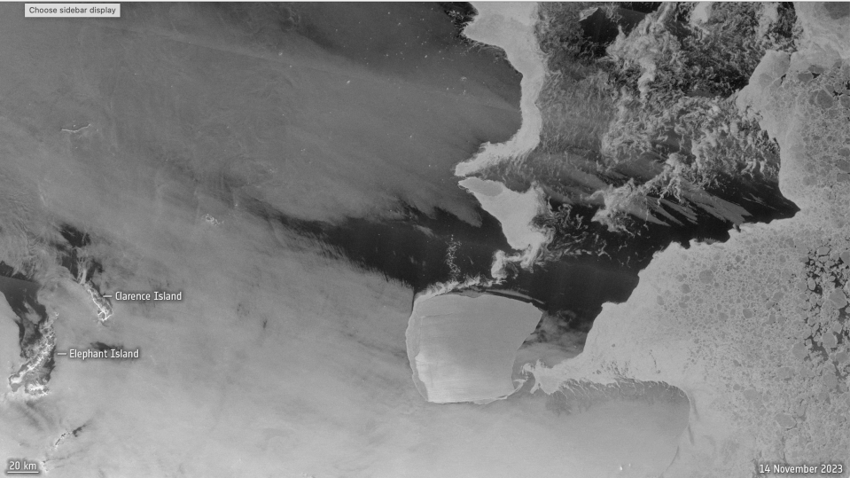 Der Eisberg A23a ist auf einem Bild der Europäischen Weltraumorganisation vom 14. November 2023 zu sehen. / Bildquelle: ESA