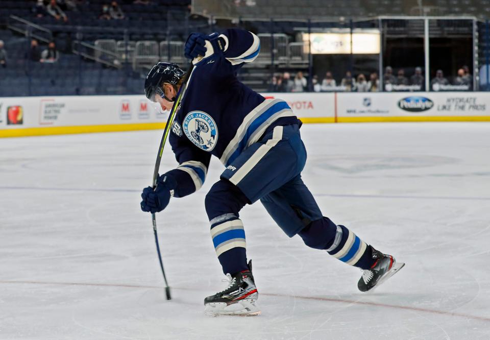 Columbus Blue Jackets right wing Patrik Laine (29) takes a shot on goal against Florida Panthers during the first period of their NHL game at Nationwide Arena in Columbus, Ohio on March 9, 2021. 