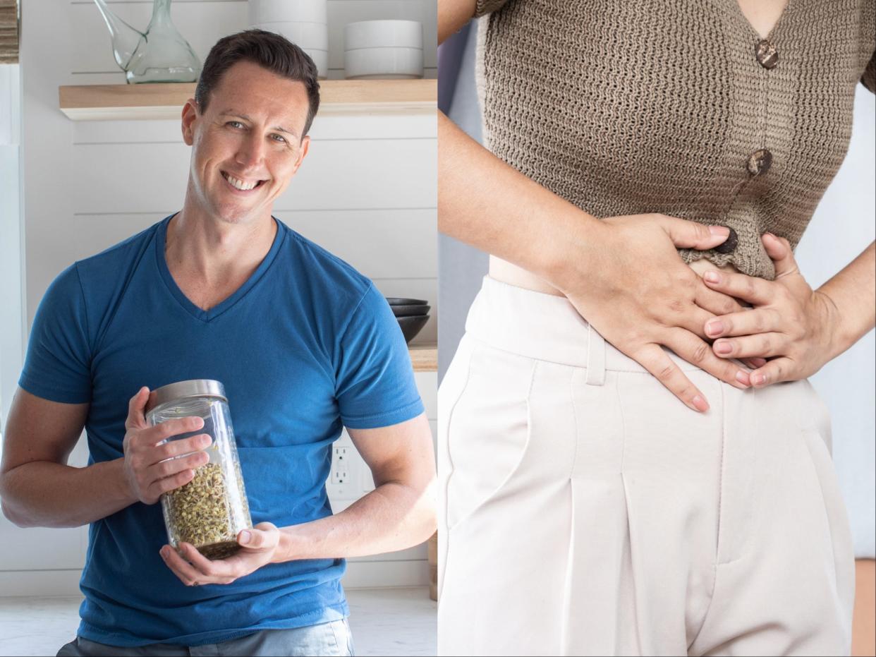 Dr. Will Bulsiewicz and a woman holding her stomach