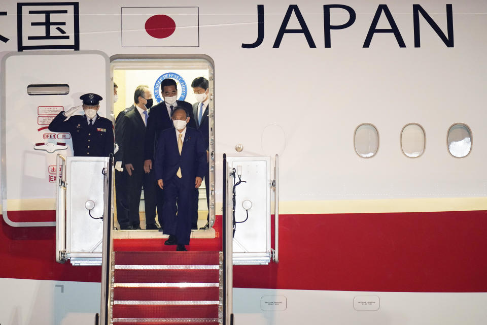 Japanese Prime Minister Yoshihide Suga arrives at Andrews Air Force Base, Maryland, April 15, 2021. / Credit: Manuel Balce Ceneta/AP