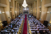 Pope Francis addresses clergy at the St. Theresa Cathedral in Juba, South Sudan, Saturday, Feb. 4, 2023. Pope Francis is in South Sudan on the second leg of a six-day trip that started in Congo, hoping to bring comfort and encouragement to two countries that have been riven by poverty, conflicts and what he calls a "colonialist mentality" that has exploited Africa for centuries. (AP Photo/Ben Curtis)